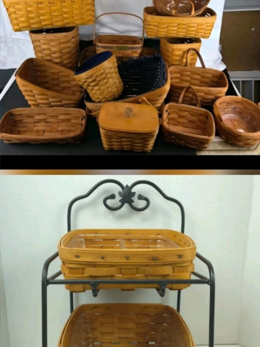 Longaberger Basket Lot Included 2 Tier Wrought Iron Basket Stand With 2 Baskets